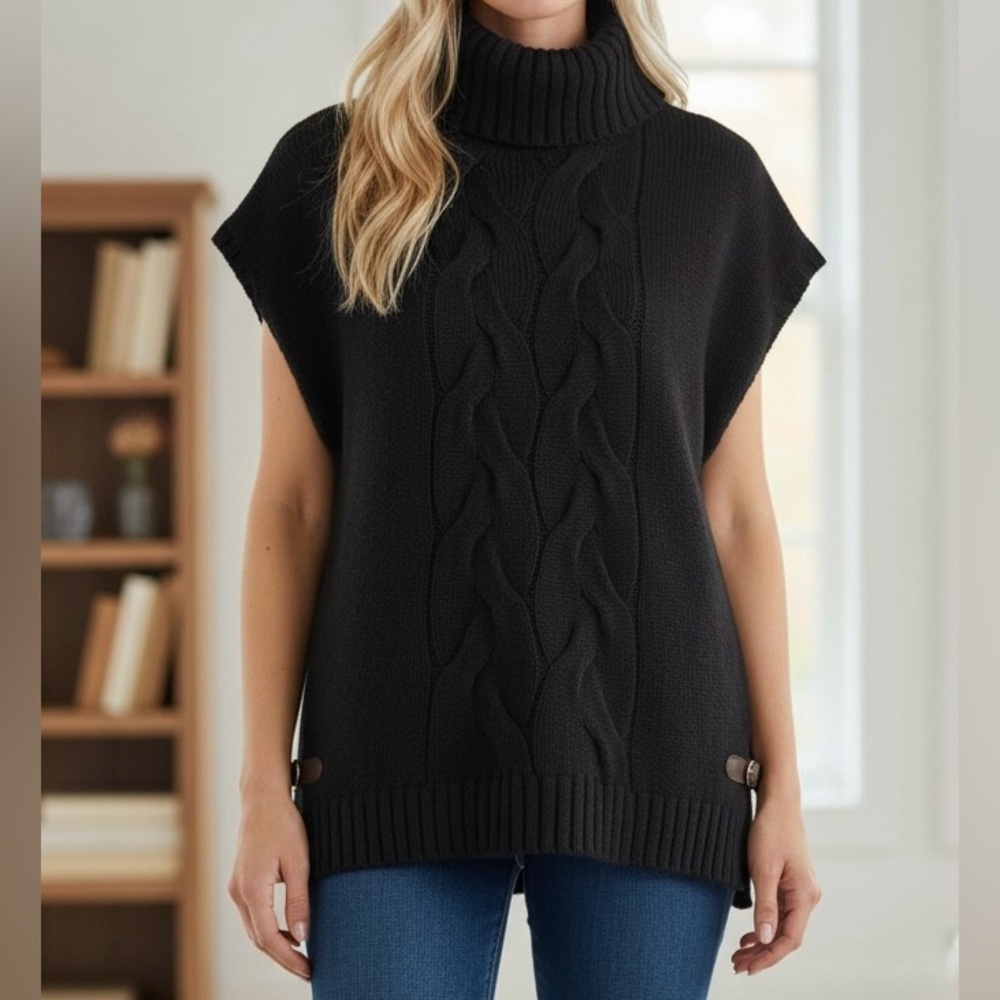 Ricki’s Cable Knit Turtleneck Poncho Sweater Vest Black Women’s XS/S